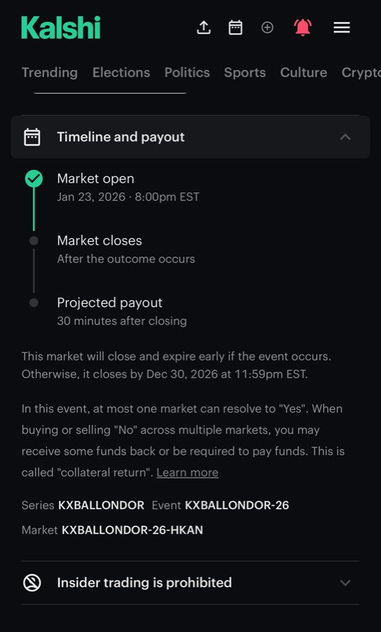 Kalshi market timeline and payout details