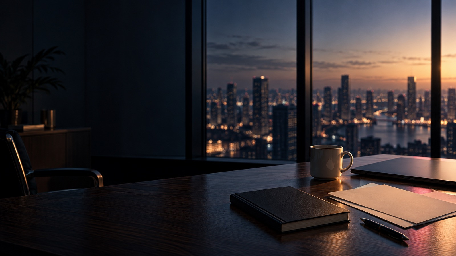 Illustrated empty financial desk with a closed notebook, blank papers and distant city lights