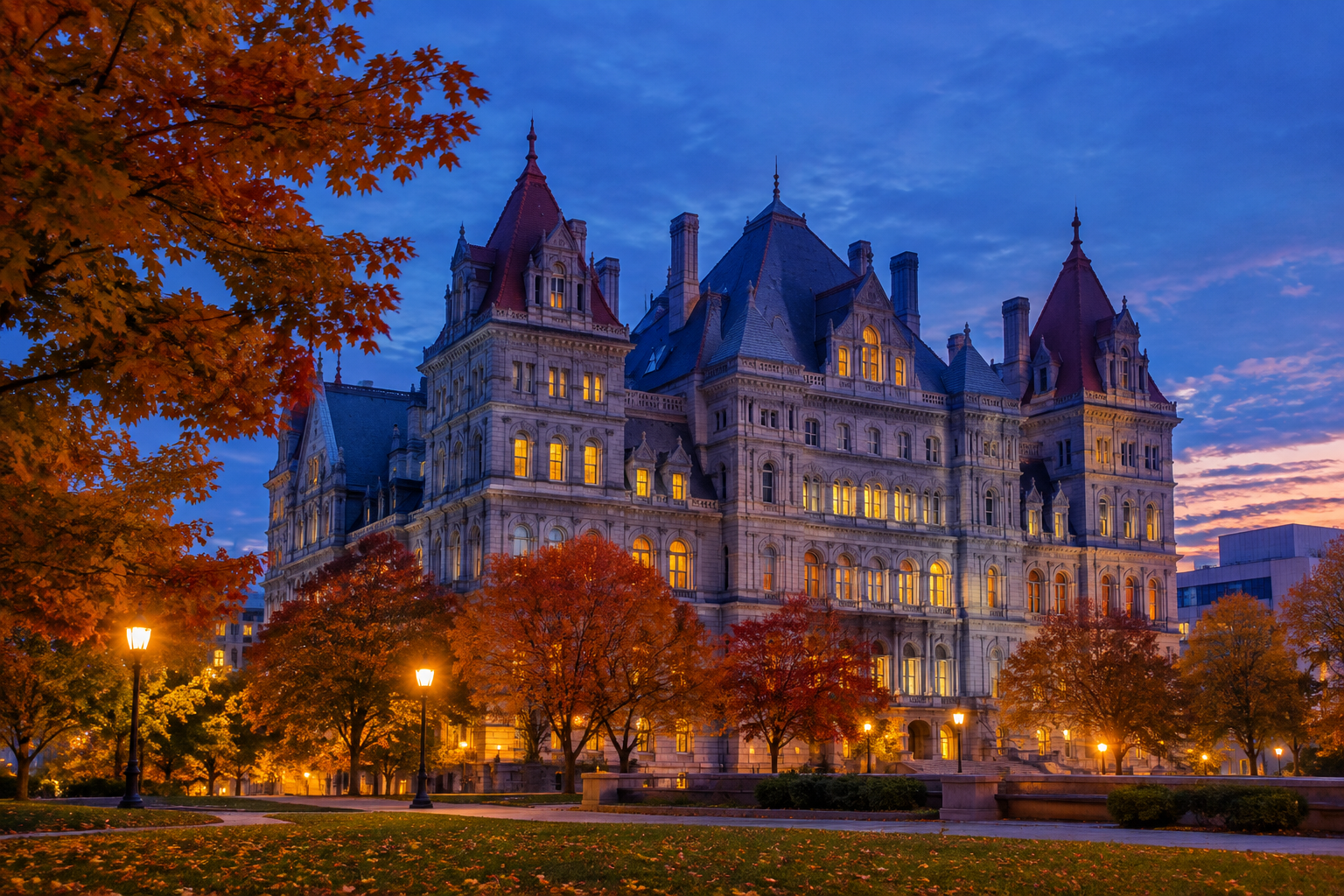 A grey granite capitol with turrets and towers at blue hour, with orange autumn trees and warm street lamps in front.