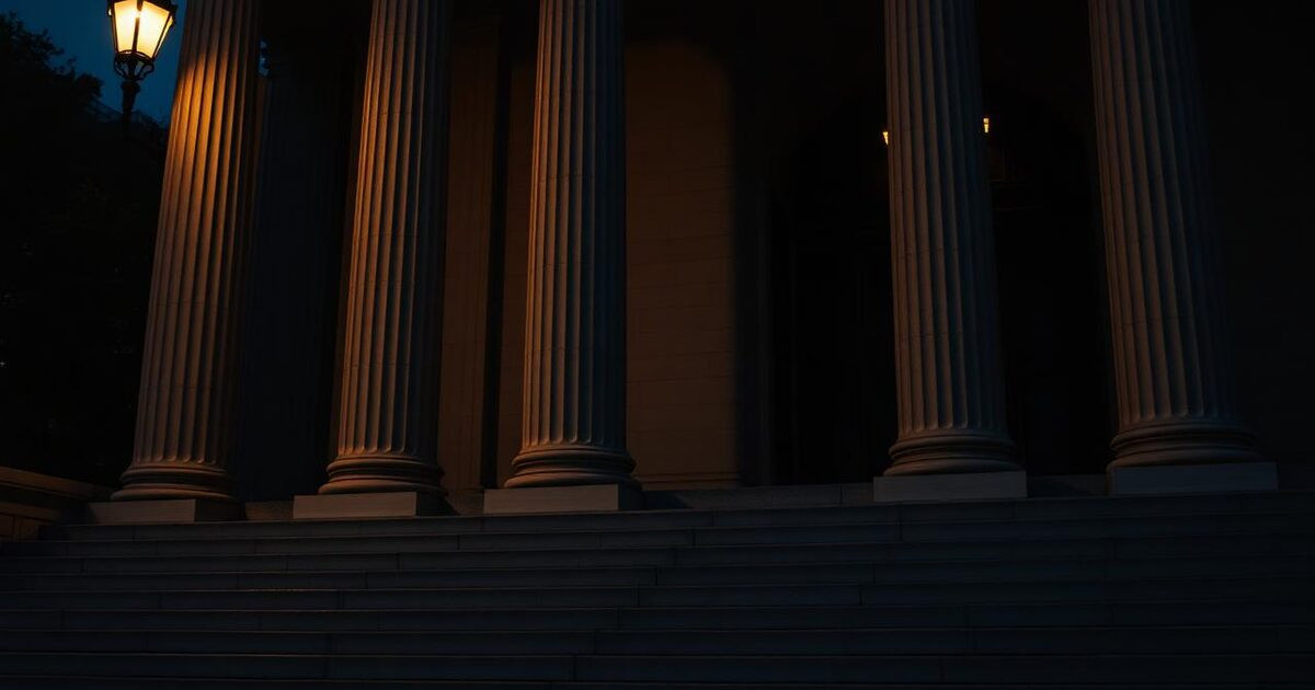 Classical New York courthouse columns at dusk with warm lamp light spilling onto stone.