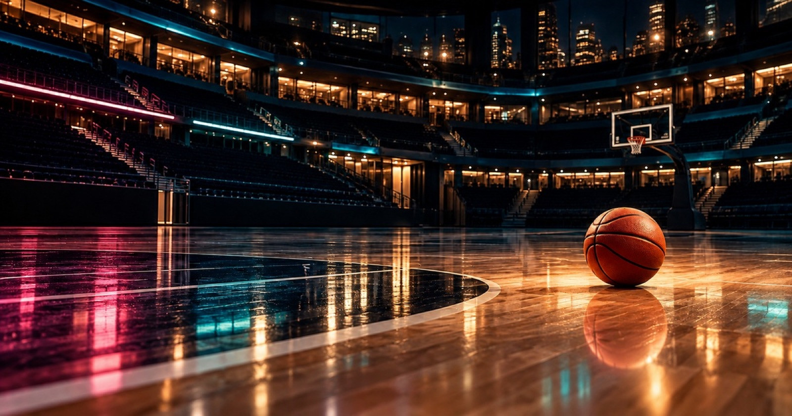 An unmarked orange basketball sits beneath a warm spotlight on a glossy court in a dark New York arena.
