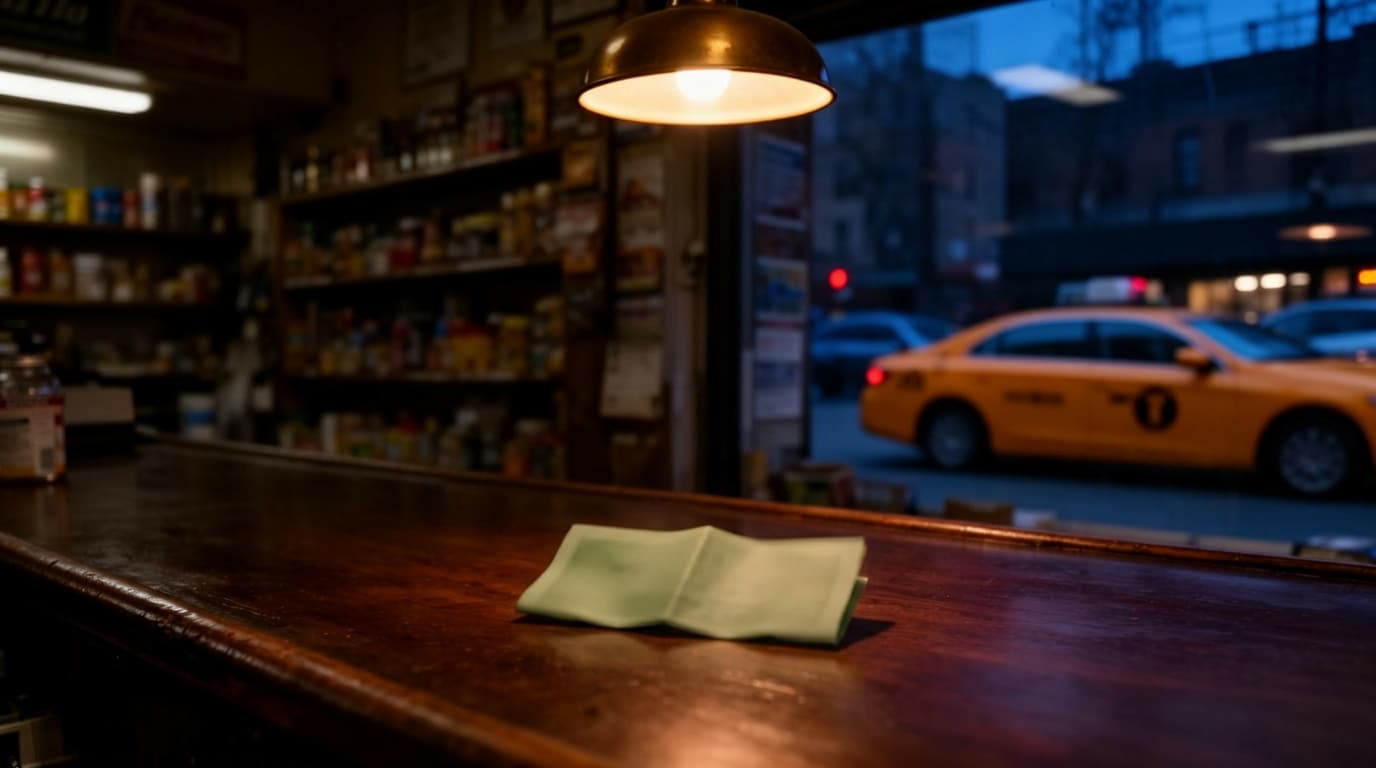 Vintage New York bodega counter at deep dusk with a folded ten-dollar bill resting under a single warm pendant light.