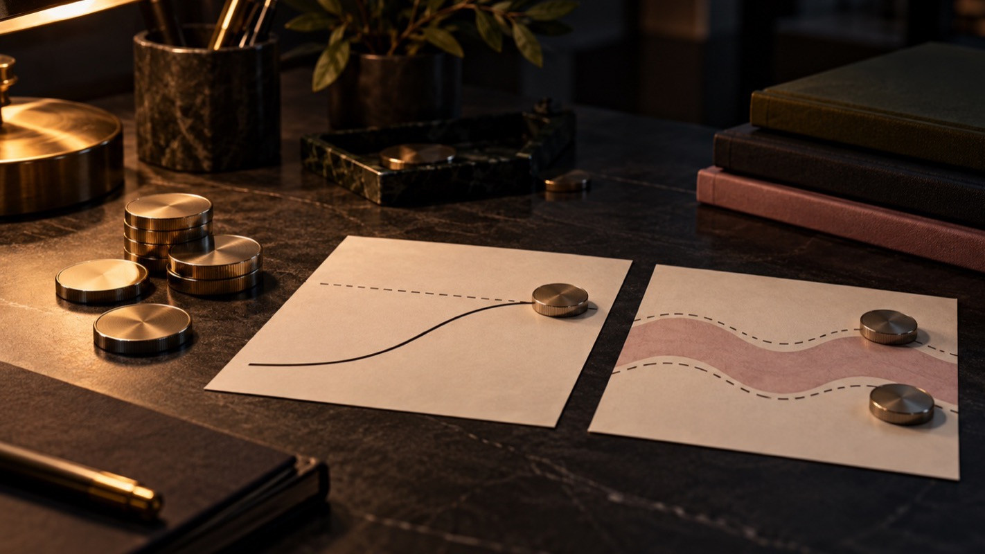 Unmarked metallic tokens on a dark desk beside blank paper strips with abstract threshold and range bands.