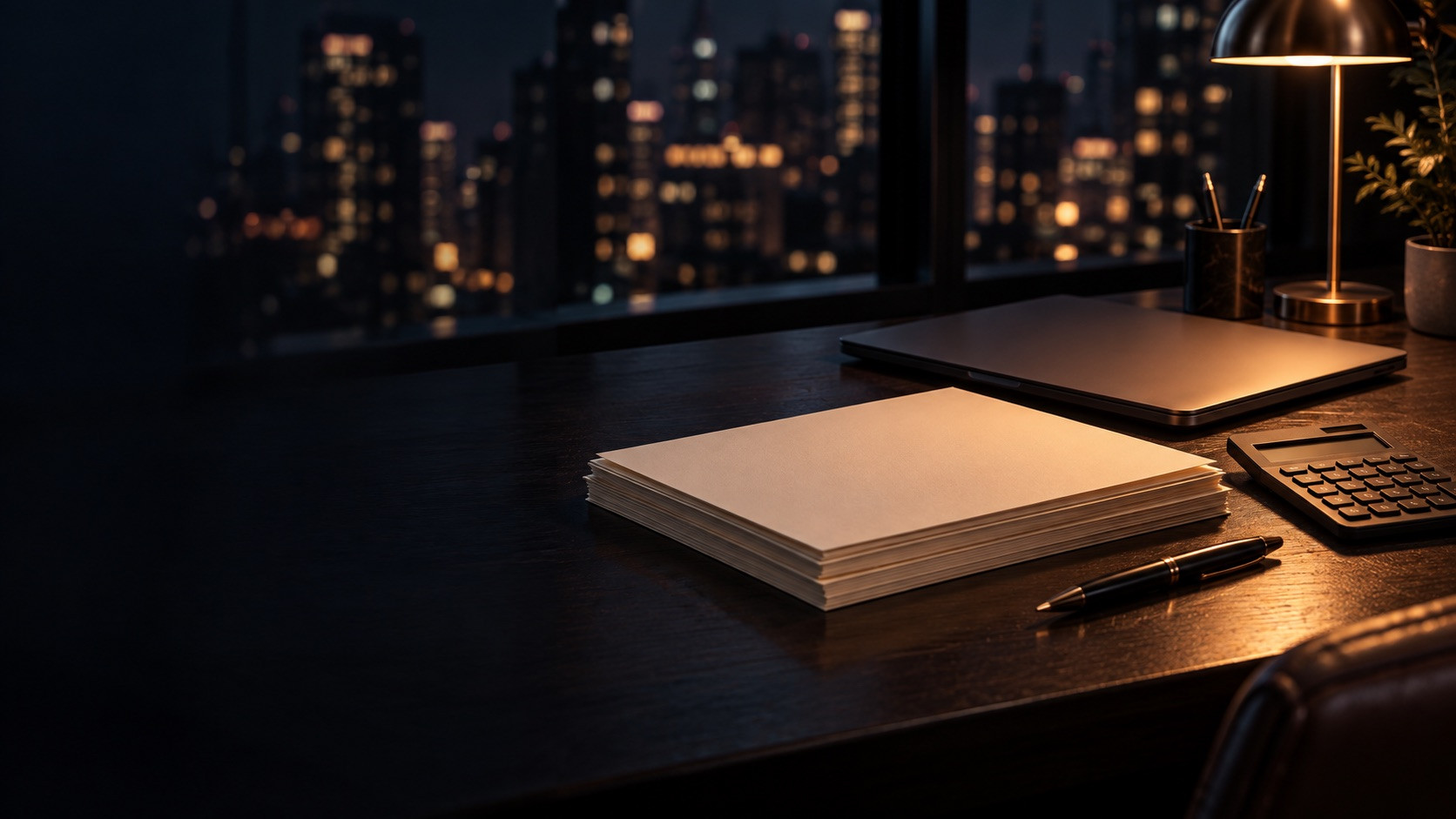 Illustrated desk with blank tax records, calculator, pen and laptop beside a nighttime city window.