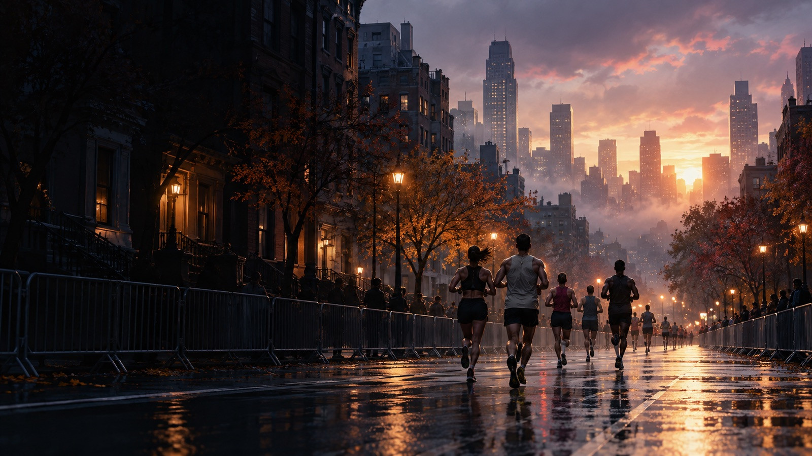 Illustrated marathon runners on a generic New York avenue at dawn