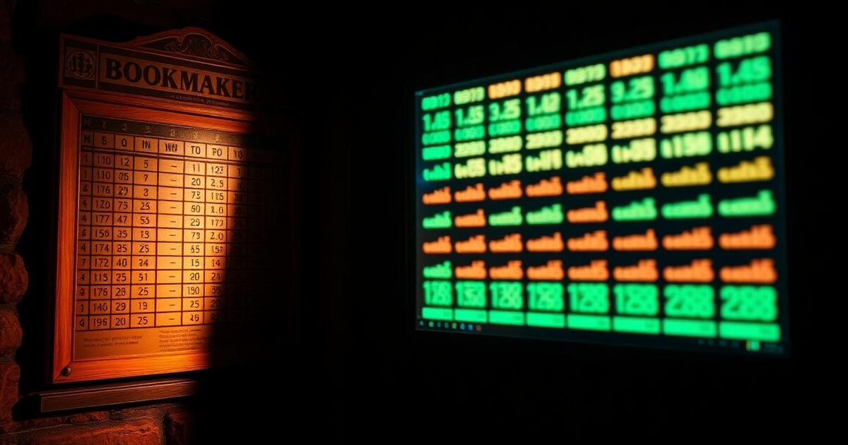 A vintage bookmaker board on a dark wall beside a glowing modern data terminal — old odds versus new.